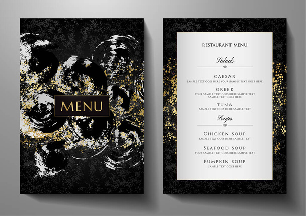 Design restaurant menu template with silver golden abstract texture. Luxe black and gold frame pattern (border). Elegant cover useful for Creative Cafe Menu, brochure, wedding invitation design - Vektori, kuva