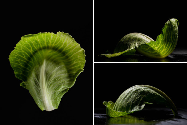 collage of wet green cabbage leaves isolated on black - Фото, изображение