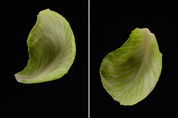 collage of wet green cabbage leaves isolated on black - Zdjęcie, obraz