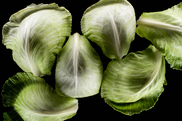 top view of wet green cabbage leaves isolated on black - 写真・画像