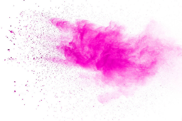 Explosión abstracta de polvo rosa sobre fondo blanco. Congelar el movimiento de salpicadura de polvo rosa
. - Foto, Imagen