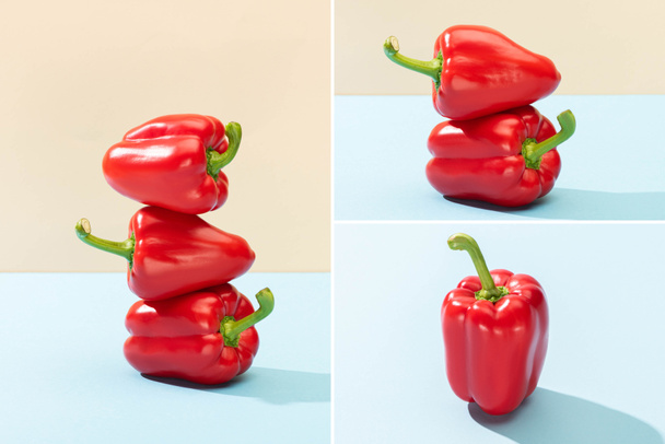 collage of fresh red bell peppers on blue surface isolated on beige - Photo, Image