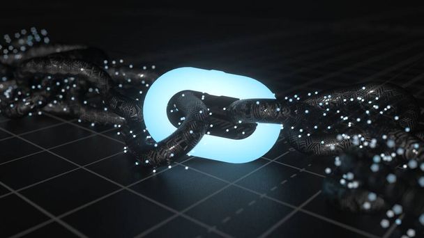 blockchain concetto di tecnologia. Glow collegamento a catena al neon su sfondo scuro
. - Foto, immagini