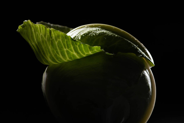 Nahaufnahme von nassem Grünkohl mit Blatt isoliert auf schwarz - Foto, Bild