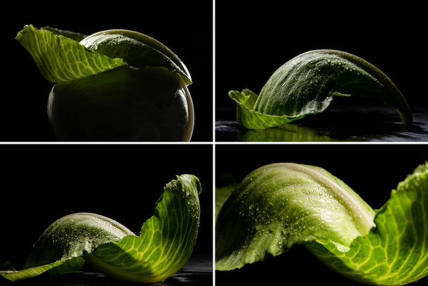 collage of wet green cabbage leaves isolated on black - Valokuva, kuva