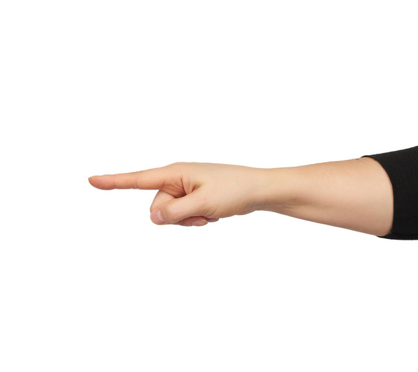 жіноча рука тримає вказівний палець, частина тіла ізольована на білому тлі
 - Фото, зображення