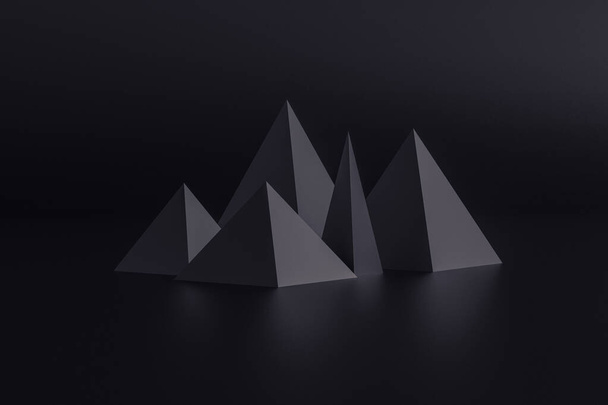 dunkler abstrakter geometrischer Hintergrund mit dreidimensionalen festen Figuren. Pyramidenprisma angeordnet auf dunkelgrauem Hintergrund, 3D-Renderer - Foto, Bild