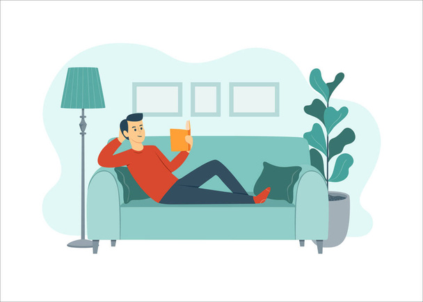Mann liegt auf einem Sofa und liest ein Buch. Flache Designillustration eines Wohnzimmers mit einer Pflanze, einigen Bildern und einer Lampe. Zeichnung isoliert auf weißem Hintergrund. - Vektor, Bild