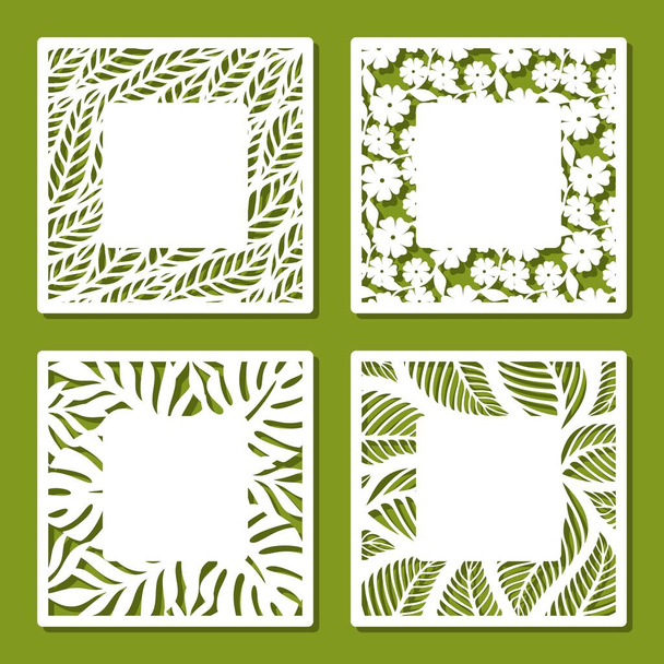 Conjunto de marcos cuadrados con patrón floral calado de flores y hojas. Copia el espacio en el medio. Plantilla para plotter corte por láser de papel, metal, contrachapado, madera (cnc). Ilustración vectorial
. - Vector, Imagen