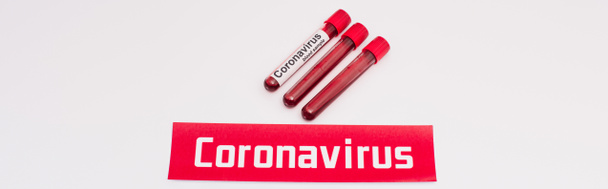 Website-Header der Karte mit Coronavirus-Schriftzug in der Nähe von Reagenzgläsern mit Blutproben auf weiß  - Foto, Bild