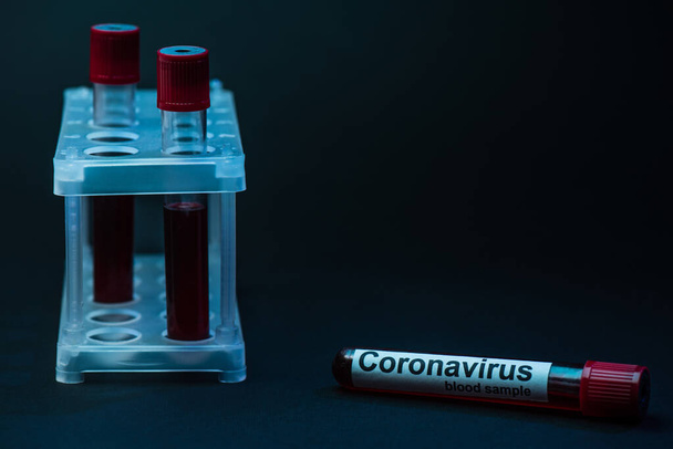 Amostra de sangue de coronavírus perto do rack do tubo de teste com tubos no escuro
 - Foto, Imagem