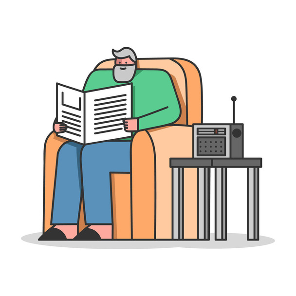 Az idősek szabadidejéről alkotott elképzelés. Az idősebb ember újságot olvas, hallgassa a karosszékben ülő rádiót. Nyugdíjasok időtöltése az idősek otthonában. Rajzfilm lineáris vázlat lapos stílus. Vektorillusztráció - Vektor, kép