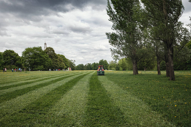 mower cutting the grass in public park. park Kolomenskoye in spring Moscow - Photo, Image