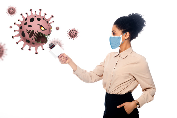 African american journalist with hand in pocket taking interview with bacteria isolated on white - Photo, Image