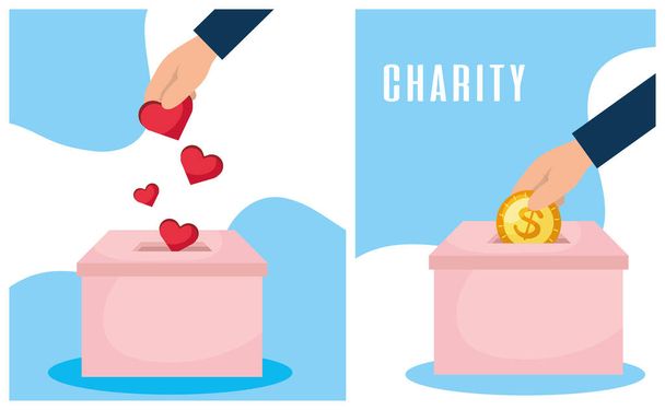 caja de donación de caridad con monedas insertadas a mano y corazones
 - Vector, imagen