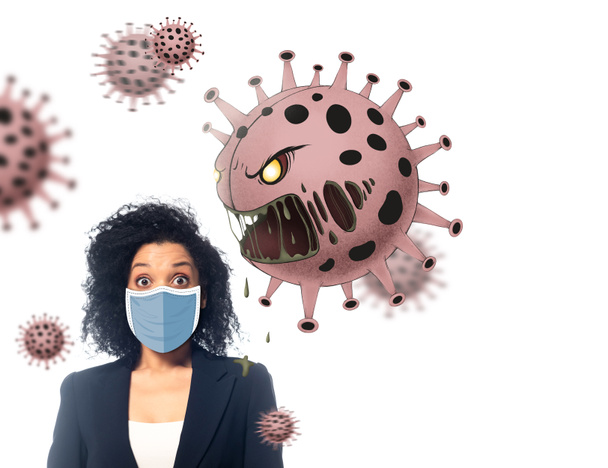 shocked african american businesswoman in medical mask near angry bacteria isolated on white - Фото, изображение