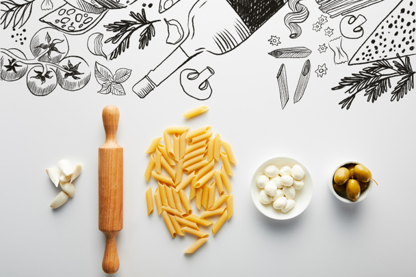 Flat lay with garlic, rolling pin, pasta and bowls with olives and mozzarella on white background, food illustration - Fotó, kép