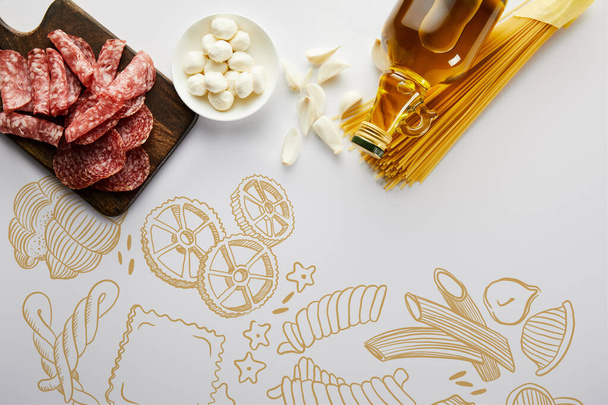 Top view of bottle of olive oil, meat platter, garlic, pasta and bowl with mozzarella on white, food illustration - Photo, Image