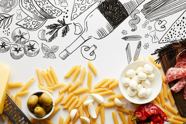 Horní pohled na těstoviny, talíř s masem, struhadlo a ingredience na bílém pozadí, ilustrace potravin - Fotografie, Obrázek