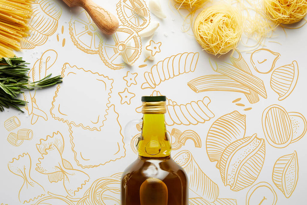 Top view of bottle of olive oil, rolling pin, pasta, garlic and rosemary on white background, food illustration - Photo, Image