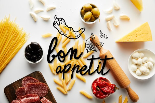 Top view of meat platter, rolling pin, pasta and ingredients on white background, bon appetit illustration - Photo, Image