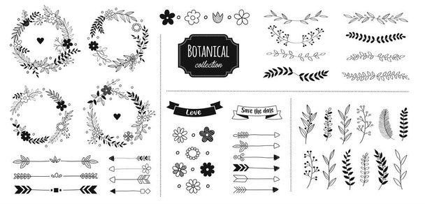 Rustic floral design elements. Hand drawn compositions with decorative flowers, herbs, leaves and branches. Vintage botanical illustrations. - Vector, Image