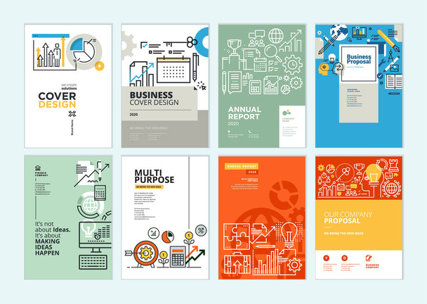 Set of brochure, annual report, business plan cover design templates. Vector illustrations for business presentation, business paper, corporate document, flyer and marketing material. - Vector, Image