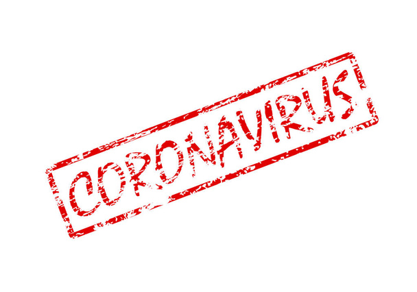 Coronavirus word in red square with grungy texture. Distressed rubber stamp vector illustration on white background. COVID or 2019-nCoV pandemic spread. Novel flu red sign. - Vettoriali, immagini