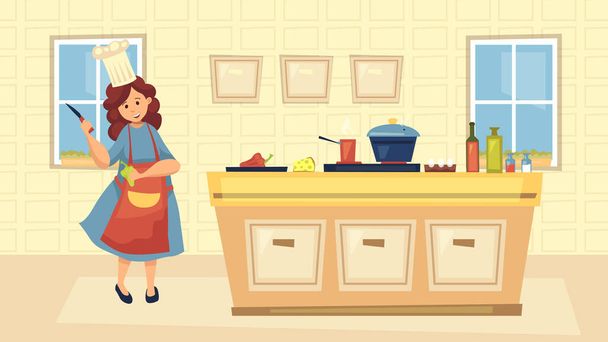Konzept der Kulinarischen. Professionelle Koch in Uniform Kochen Mahlzeit auf Küche. Frau steht mit Küchenmesser und Paprika im Kochstudio oder zu Hause Cartoon Flat Style. Vektorillustration - Vektor, Bild