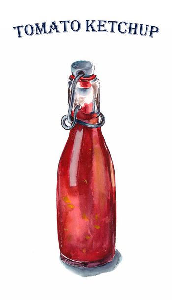 Beyaz arka planda domates ketçap şişesi suluboya çizimi, günlük tüketim için ürünler - Fotoğraf, Görsel