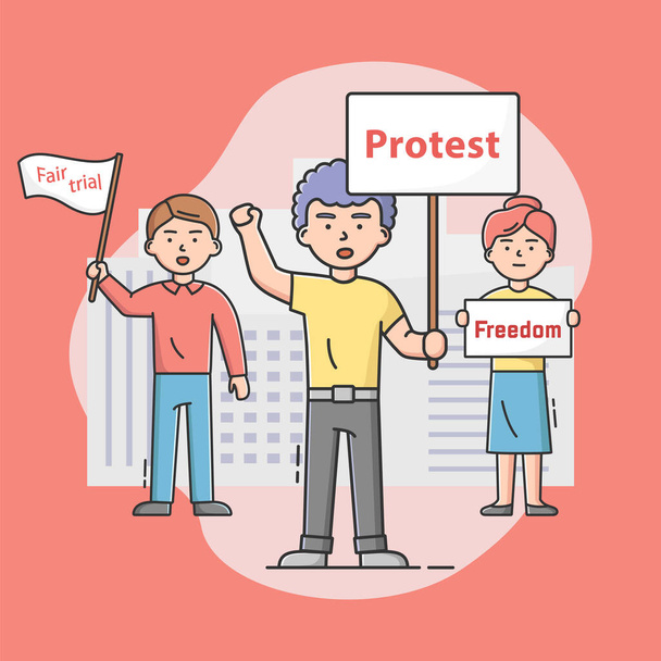 Έννοια μαζικής διαμαρτυρίας. Δυσαρεστημένοι άνθρωποι διαμαρτύρονται και παίρνουν μέρος στην απεργία. Οι χαρακτήρες κρατούν τα banners διαμαρτυρίας με το σημάδι διαμαρτυρίας και ελευθερίας. Εικονογράφηση επίπεδου διανύσματος σε γραμμικό περίγραμμα καρτούν - Διάνυσμα, εικόνα