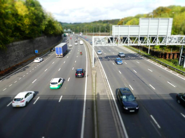 Tilt shift photo of the M25 London Orbital Motorway near Junction 17 in Hertfordshire, UK - Photo, Image