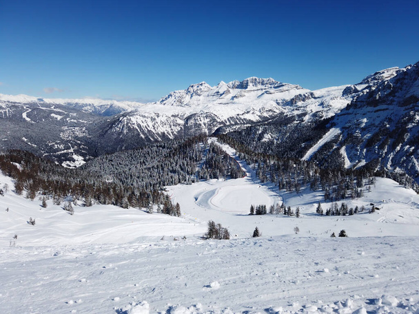 Panoramiczny zimowy pejzaż górski Fir-Trees Świeże, pokryte śniegiem zbocza górskie i trasy zjazdowe słoneczny dzień. Niebieskie niebo tło - Zdjęcie, obraz
