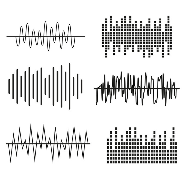 Conjunto de ícones de onda sonora. Comparar áudio e estéreo, sintonia. Ilustração vetorial em preto e branco isolada sobre fundo branco. Vetor
 - Vetor, Imagem