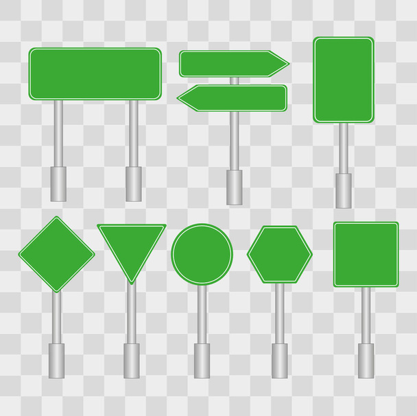 Set of green road signs on a transparent background in a flat style. Blank signs with place for text. Vector illustration - Vector, Image
