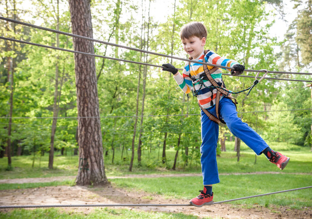 Cute child boy playing. Artworks depict games at eco resort which includes flying fox or spider net. Every childhood matters. Toddler age. Children fun. - Photo, Image