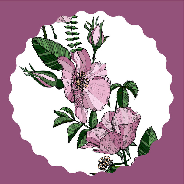 Elegant floral card with wild roses. Mug stand with pink flowers. Vector design. - Vektör, Görsel