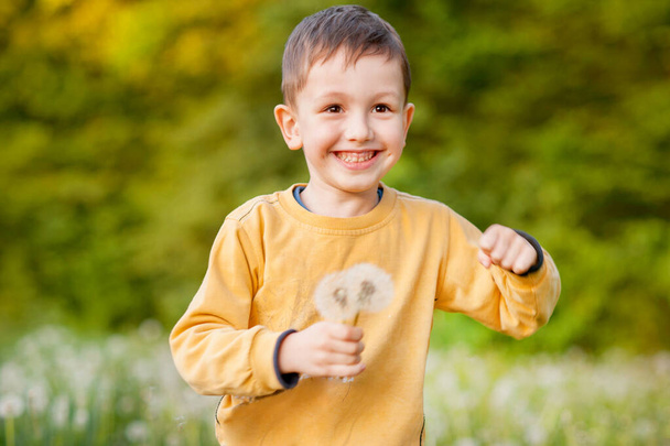 Smile little boy running from dandelion, spring heat, evening light, childhood - Photo, Image