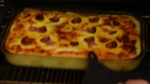 Mushed Potatoes with meat roast comming out of the oven - Materiał filmowy, wideo