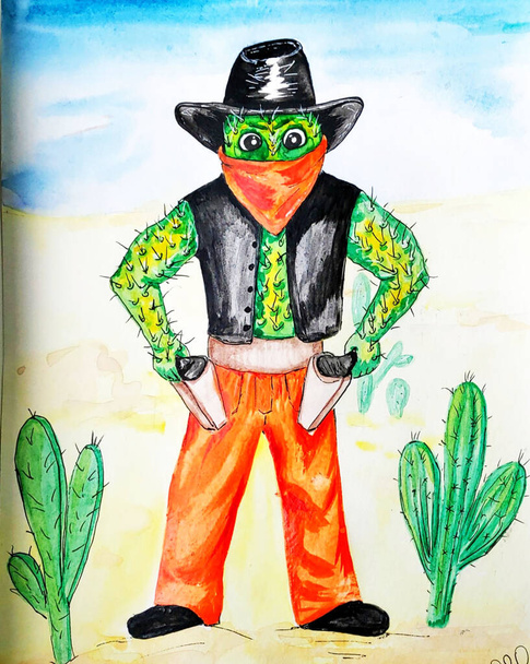 Piikkinen kaktus cowboy oranssi housut pistoolit musta hattu kuumassa aavikolla kaktukset
 - Valokuva, kuva