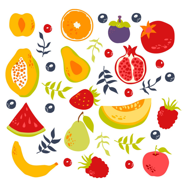 Stylized Fruits with Berries and Green Branches Vector Set. Bright and Juicy Summer Seasonal Nutrition with Pomegranate and Orange - Vecteur, image