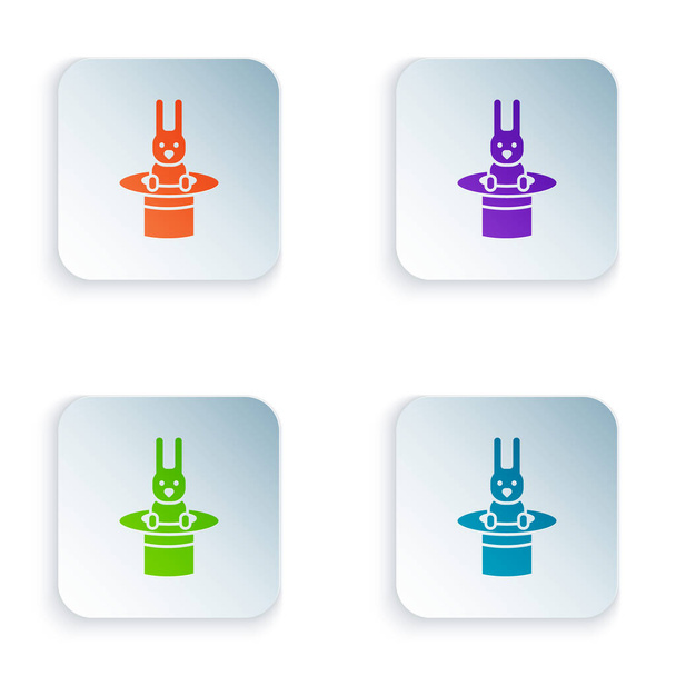 Color Magician hat and rabbit icon isolated on white background. Magic trick. Mystery entertainment concept. Set colorful icons in square buttons. Vector Illustration - Vector, Image