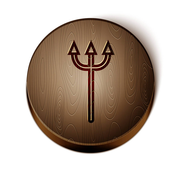 Brown line Neptune Trident icon isolated on white background. Wooden circle button. Vector Illustration - Vector, Image