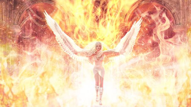 炎の中を飛ぶ天使の女性 - 写真・画像