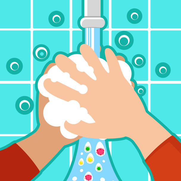 Lavarse las manos bajo el grifo. Protección contra bacterias y gérmenes
 - Vector, Imagen