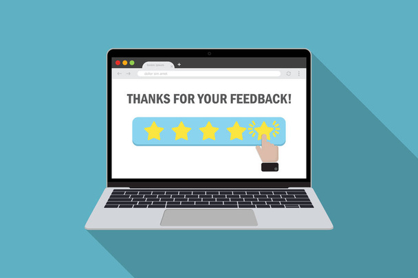 Laptop with customer choice product evaluation in star rating in a flat design - Vector, Image