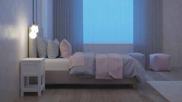 Bedroom designed for girls. Kids room design. Night. Evening lighting. 3D rendering. - Photo, Image