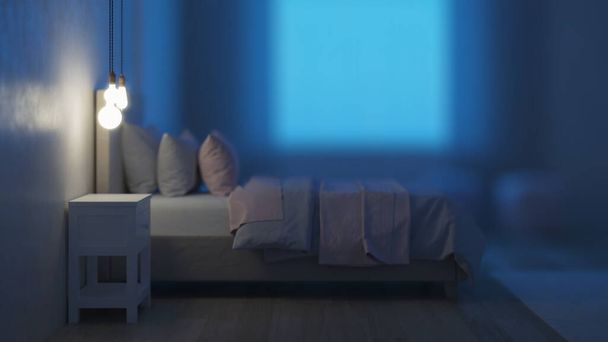 Υπνοδωμάτιο σχεδιασμένο για κορίτσια. Παιδική διακόσμηση δωματίου. Νύχτα. Βραδινός φωτισμός. 3D απόδοση. - Φωτογραφία, εικόνα