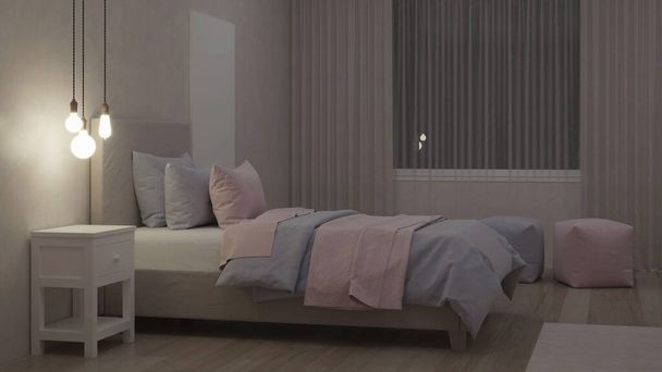 Bedroom designed for girls. Kids room design. Night. Evening lighting. 3D rendering. - Photo, Image