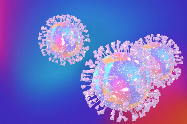 3Dレンダリングコロナウイルスの発生。流行病医学の概念。ネオン背景に浮かぶウイルス細胞の顕微鏡像. - 写真・画像